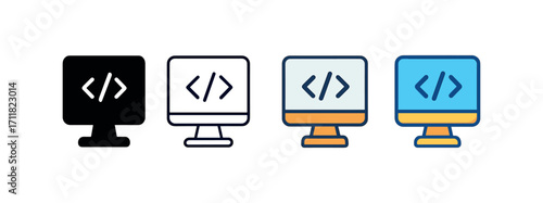 Vector icon pc coding screen same pose same proportions four styles black solid glyph outline minimal flat multicolor filled cartoon flat shaded.