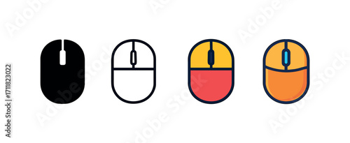 Vector icon pc mouse same pose same proportions four styles black solid glyph outline minimal flat multicolor filled cartoon flat shaded.