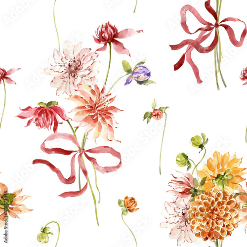 Watercolor Floral Seamless Pattern for Seasonal Greeting Designs, Tender Pink and Orange Different types of Dahlia Flowers