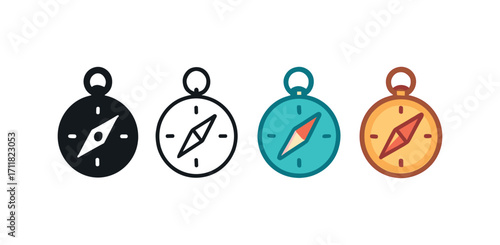 Vector icon travel compass same pose same proportions four styles black solid glyph outline minimal flat multicolor filled cartoon flat shaded.