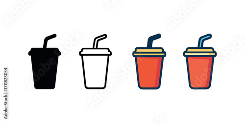 Vector icon cinema soda cup same pose same proportions four styles black solid glyph outline minimal flat multicolor filled cartoon flat shaded.