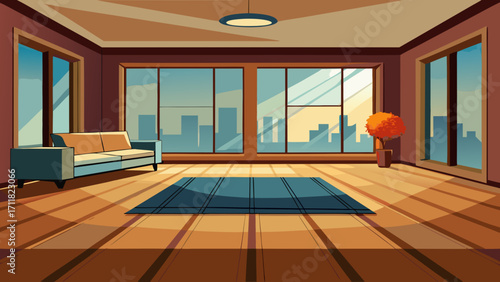 Vector art of spacious living room with a comfortable sofa, a large window overlooking the city, and a stylish rug, bathed in warm sunlight, creating a welcoming space