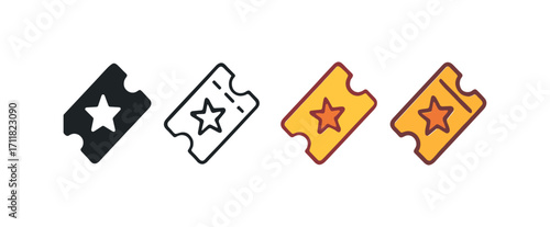 Vector icon cinema movie ticket same pose same proportions four styles black solid glyph outline minimal flat multicolor filled cartoon flat shaded.