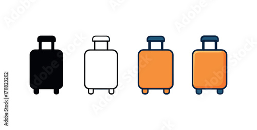 Vector icon travel suitcase same pose same proportions four styles black solid glyph outline minimal flat multicolor filled cartoon flat shaded.