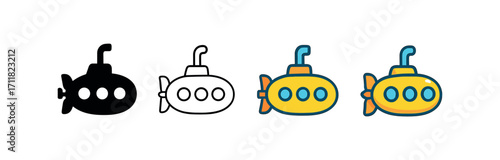 Vector icon sea submarine same pose same proportions four styles black solid glyph outline minimal flat multicolor filled cartoon flat shaded.