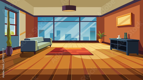 Vector art of cozy living room interior featuring a comfortable sofa, a large window with city views, and warm sunlight streaming in, creating a relaxing ambiance