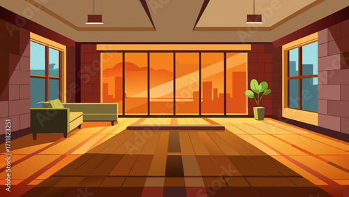 Vector art of sunlit living room interior with panoramic windows offering city views, creating a warm and inviting atmosphere for relaxation and contemplation