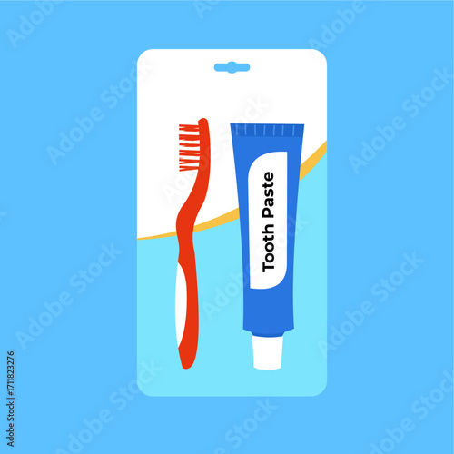 Red toothbrush and toothpaste in ready-to-sell packaging, supporting dental care and oral cleanliness, flat art design style.
