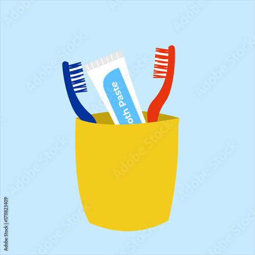 Container with two tubes of toothpaste and one extra, a practical and hygienic bath and dental care kit, flat art design style.
