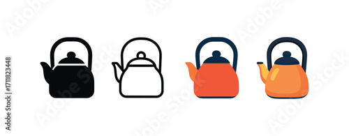 Vector icon kitchen kettle same pose same proportions four styles black solid glyph outline minimal flat multicolor filled cartoon flat shaded.