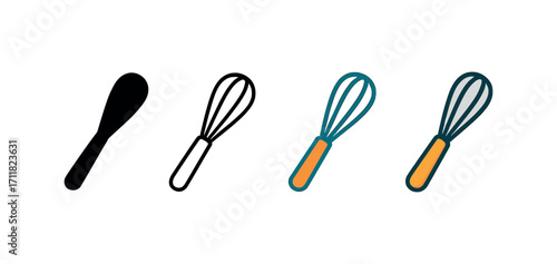 Vector icon kitchen whisk same pose same proportions four styles black solid glyph outline minimal flat multicolor filled cartoon flat shaded.