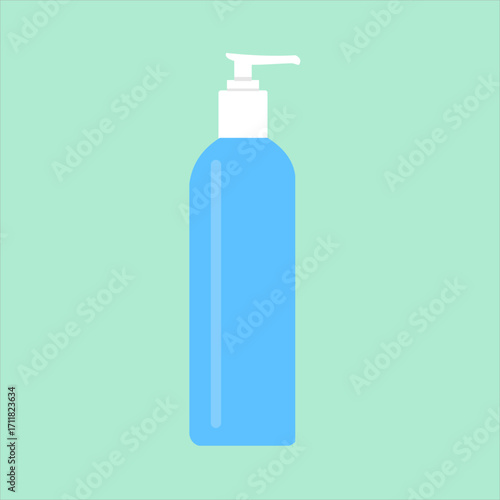 Blue pump bottle containing liquid soap, convenient for bathing and body hygiene care, flat art design style.
