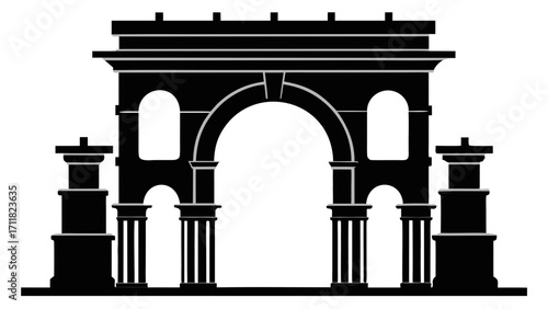 Vector art of elegant black silhouette of a triumphal arch, , showcasing classical architecture and symmetrical design in vector format