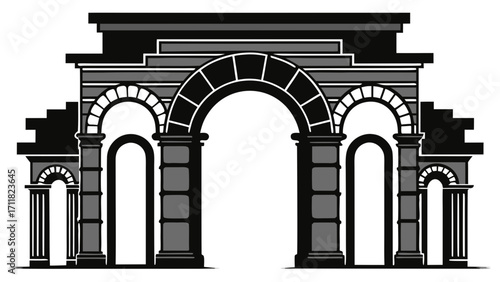 Vector art of architectural archway with a classical design, , featuring symmetrical columns and an arched opening in a vector format