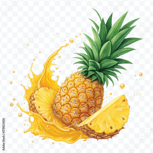 realistic fresh pineapple fruit with juice splash in different style isolated on transparent background