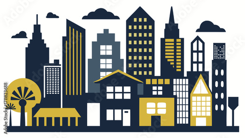 Vector art of stylized city skyline illustration showcasing a variety of buildings, houses, and trees in a flat vector design