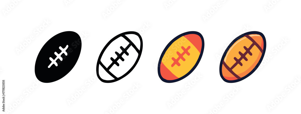 Fototapeta premium Vector icon sport rugby ball same pose same proportions four styles black solid glyph outline minimal flat multicolor filled cartoon flat shaded.