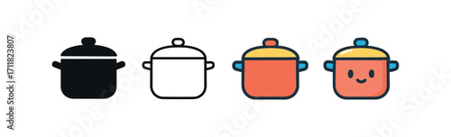 Vector icon kitchen pot same pose same proportions four styles black solid glyph outline minimal flat multicolor filled cartoon flat shaded.