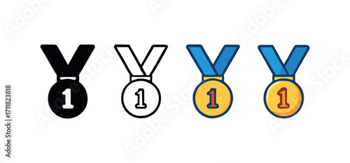 Vector icon sport medal award same pose same proportions four styles black solid glyph outline minimal flat multicolor filled cartoon flat shaded.