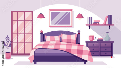 Vector art of bedroom interior with double bed, bedside table, lamp, picture, shelf, and window in purple tones creating a cozy and inviting atmosphere