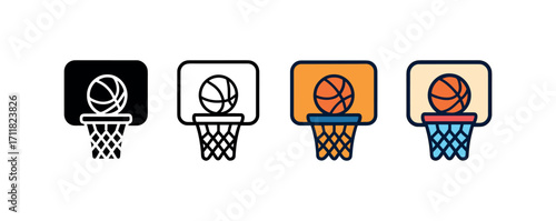 Vector icon sport basketball hoop same pose same proportions four styles black solid glyph outline minimal flat multicolor filled cartoon flat shaded.