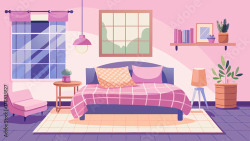 Vector art of bright bedroom interior with double bed, bedside table, chair, picture, curtains, and carpet in pastel tones creating a serene atmosphere