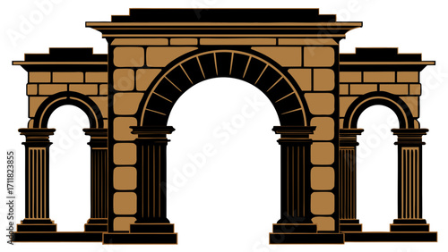 Vector art of detailed stone archway with classical columns, , showcasing architectural design in a vector illustration with brown and black tones