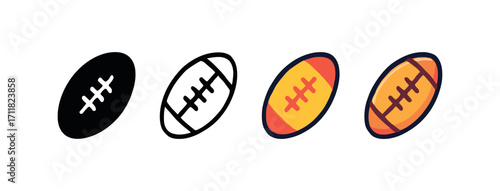 Vector icon sport rugby ball same pose same proportions four styles black solid glyph outline minimal flat multicolor filled cartoon flat shaded.