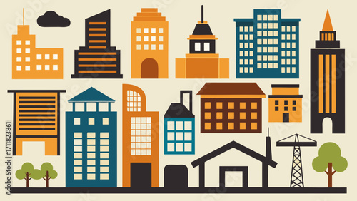 Vector art of collection of various city buildings and structures in a flat design style, showcasing diverse architectural forms and urban landscape elements