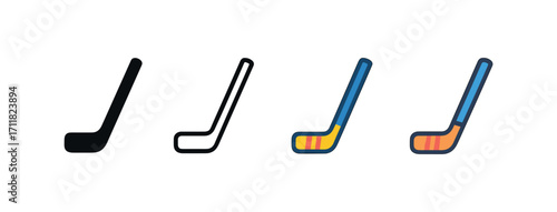 Vector icon sport hockey stick same pose same proportions four styles black solid glyph outline minimal flat multicolor filled cartoon flat shaded.