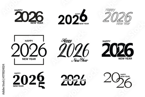 Happy new year 2026 vector illustration set in black and white. 