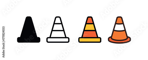 Vector icon police traffic cone same pose same proportions four styles black solid glyph outline minimal flat multicolor filled cartoon flat shaded.
