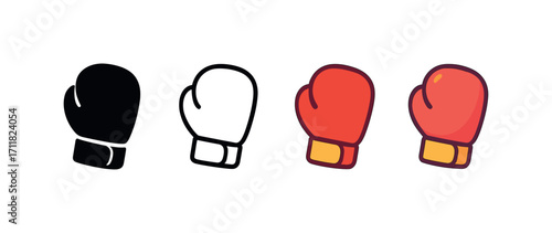 Vector icon sport boxing gloves same pose same proportions four styles black solid glyph outline minimal flat multicolor filled cartoon flat shaded.
