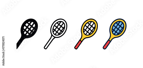 Vector icon sport tennis racket same pose same proportions four styles black solid glyph outline minimal flat multicolor filled cartoon flat shaded.