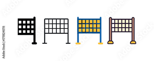Vector icon sport volleyball net same pose same proportions four styles black solid glyph outline minimal flat multicolor filled cartoon flat shaded.