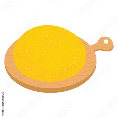 Mamaliga, Romanian Traditional Dish on a Round Wooden Cutting Board. Homecooked romanian polenta. Porridge from corn flour, vector icon illustration.