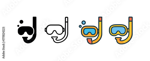 Vector icon sea snorkel gear same pose same proportions four styles black solid glyph outline minimal flat multicolor filled cartoon flat shaded.