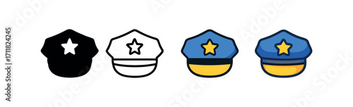 Vector icon police hat same pose same proportions four styles black solid glyph outline minimal flat multicolor filled cartoon flat shaded.