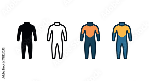 Vector icon sea wetsuit same pose same proportions four styles black solid glyph outline minimal flat multicolor filled cartoon flat shaded.