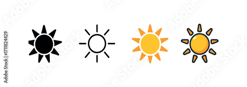 Vector icon weather sun shining same pose same proportions four styles black solid glyph outline minimal flat multicolor filled cartoon flat shaded.