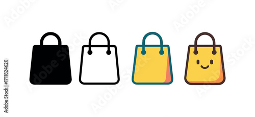 Vector icon shopping bag same pose same proportions four styles black solid glyph outline minimal flat multicolor filled cartoon flat shaded.