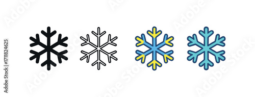 Vector icon weather snowflake same pose same proportions four styles black solid glyph outline minimal flat multicolor filled cartoon flat shaded.
