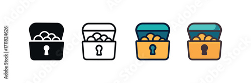 Vector icon sea treasure chest same pose same proportions four styles black solid glyph outline minimal flat multicolor filled cartoon flat shaded.