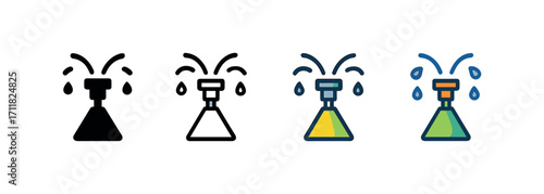 Vector icon gardening watering sprinkler same pose same proportions four styles black solid glyph outline minimal flat multicolor filled cartoon flat shaded.