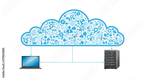Iconic Blue Cloud Computing Network Filled with Communication and Tech Icons Connected to Laptop and Server Rack: Advanced SEO-Optimized Searchable Title for Digital Connectivity 