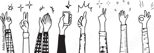 Hand drawn of hands clapping ovation. applause, thumbs up gesture on doodle style , vector illustration
