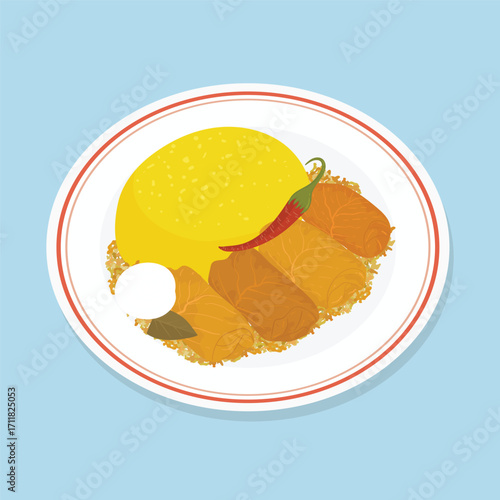 Sarmale, Traditional Romanian Dish. Stuffed Cabbage Rolls with Mamaliga, Sour Cream and Chilli Pepper. Eastern European Recipe. Ethnic Romanian Food. 
