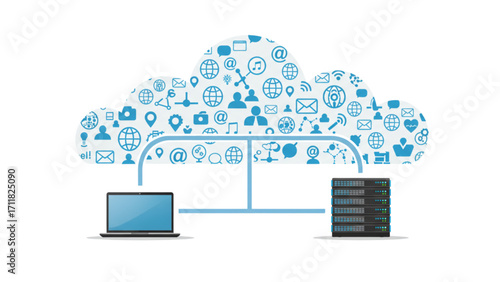Iconic Blue Cloud Computing Network Filled with Communication and Tech Icons Connected to Laptop and Server Rack: Advanced SEO-Optimized Searchable Title for Digital Connectivity 