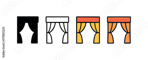 Vector icon cinema stage curtain same pose same proportions four styles black solid glyph outline minimal flat multicolor filled cartoon flat shaded.
