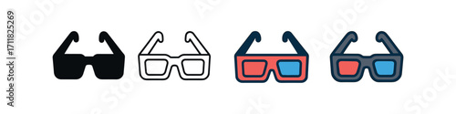 Vector icon cinema 3d glasses same pose same proportions four styles black solid glyph outline minimal flat multicolor filled cartoon flat shaded.
